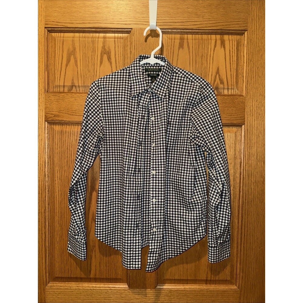 LAUREN RALPH LAUREN Gingham Shirt Cotton Women Small Navy Blue White Prep Class